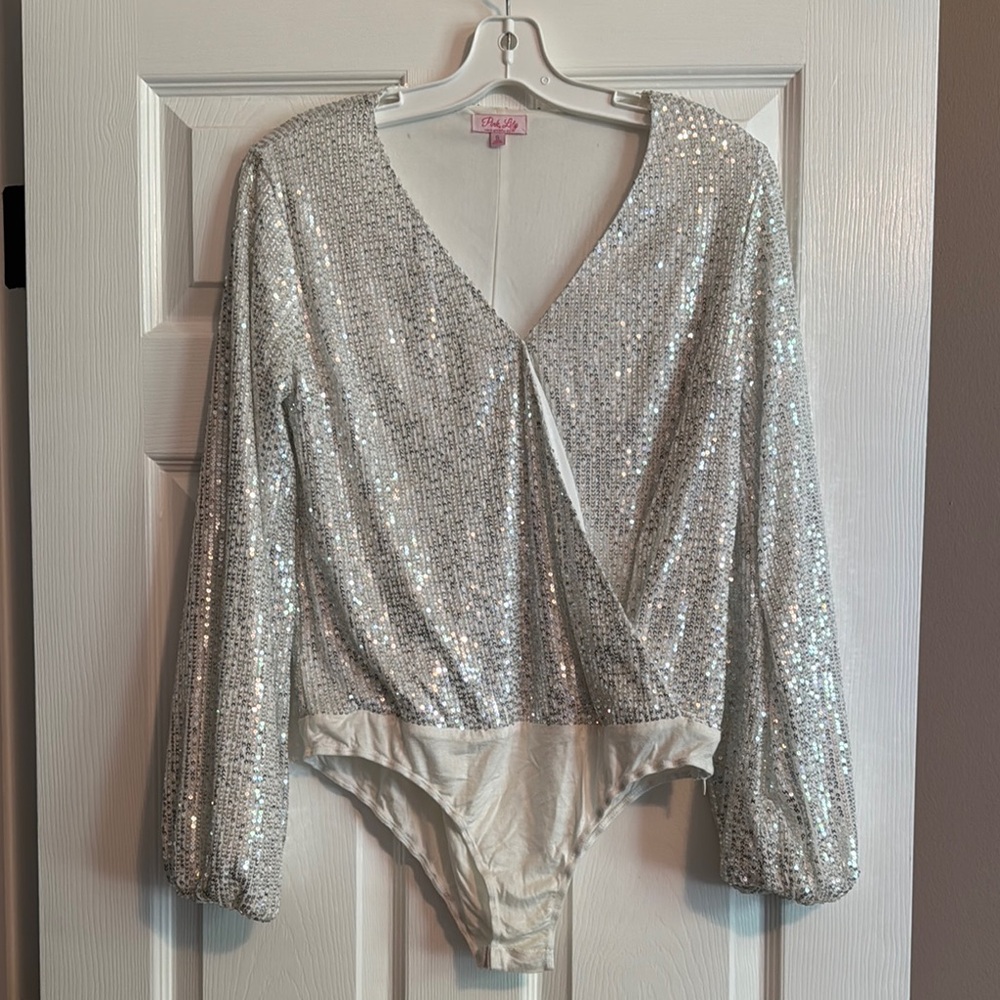 Pink Lily Silver Sequin Bodysuit